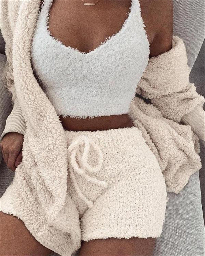Buy 3Pcs Womens Clothing Long Sleeve Crop Tank Top And Drawstring Shorts Pajama Set online at Fashionner.