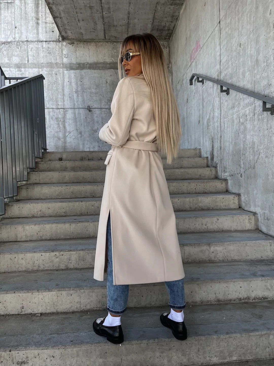 Buy Double-Breasted Lapel Split Jacket With Belt Winter Fashion Casual Long Sleeve Button Daily Coats For Women Clothing online at Fashionner.