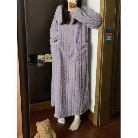 Robe de nuit longue en polaire corail pour femme, pyjama avec poches, robe jacquard épaissie, vêtements de maison chauds