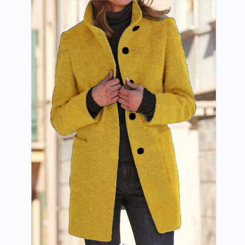Buy Fashion Stand Collar Woolen Coat With Pockets Fall Winter Casual Button Outwear For Women Clothing online at Fashionner.