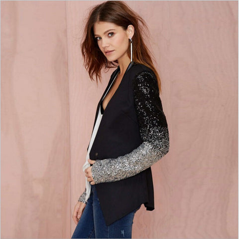 Femmes Veste Mince Manteau Printemps Automne Manches Longues Revers Mode Argent Noir Paillettes Élégant Slim Travail Blazers Costume féminin