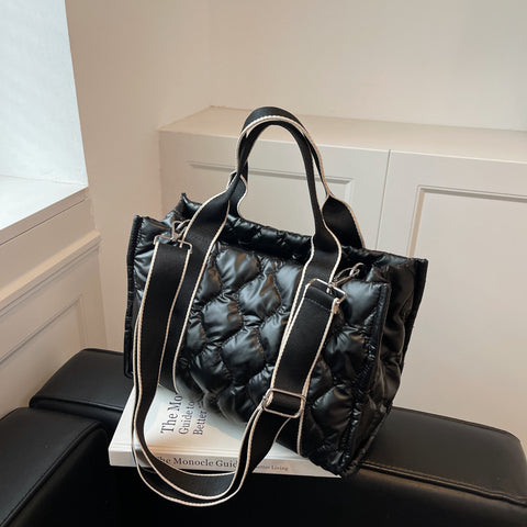 Rhombus Sewing Tote Bag Winter Designer Luxury Down Shoulder Bag High Capacity Commuting Personalized Handbags For Women - Fashionner