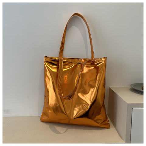 Simple Portable Large Capacity Texture Shiny Shoulder Bag Personality Soft Pu Paint Commuter Tote - Fashionner