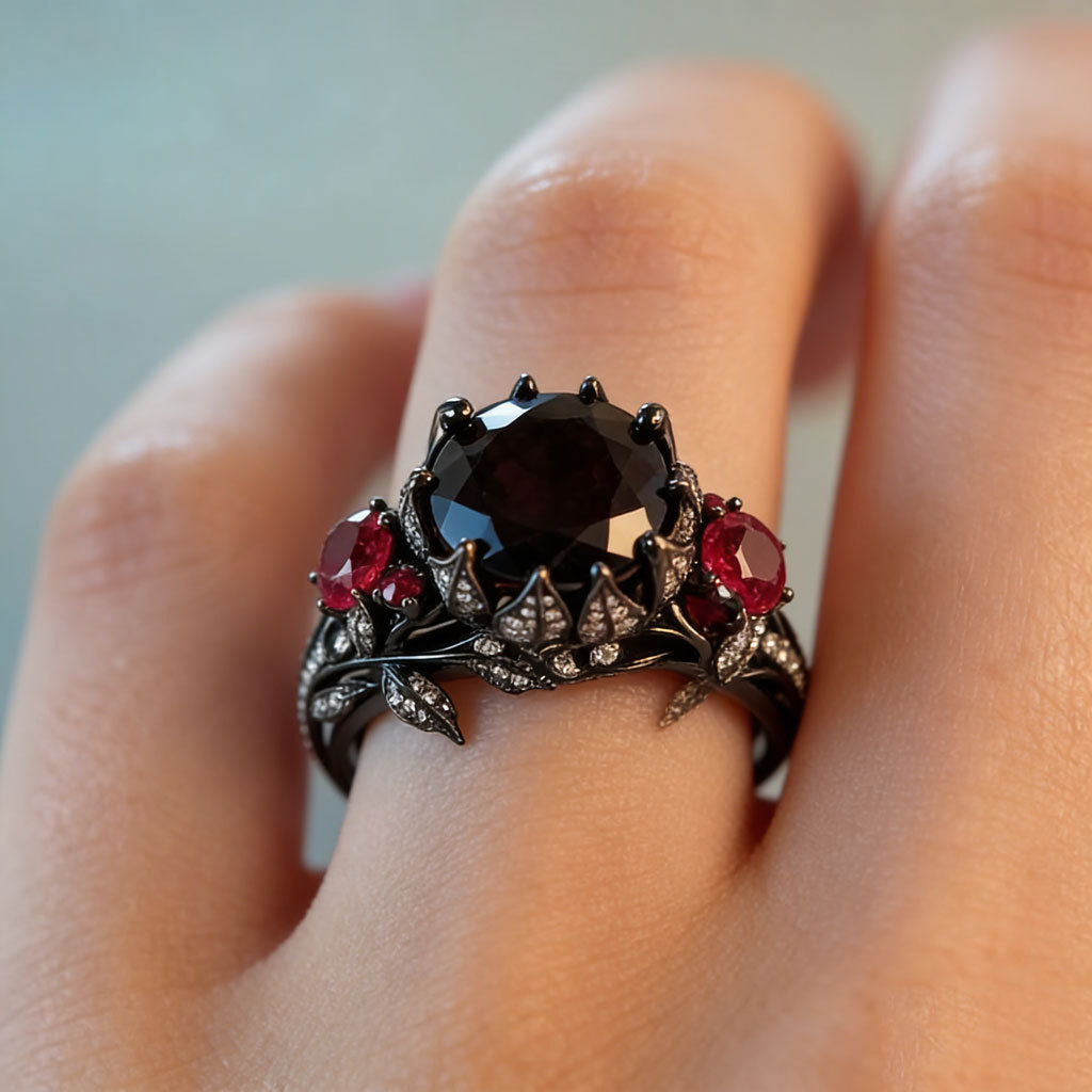 Buy Ruby-Red Vintage Floral And Leaf Ring Dark-Themed Style online at Fashionner.