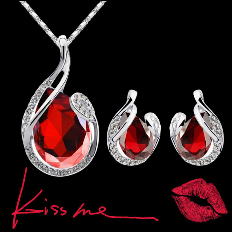 Buy 3Pcs Rhinestone Necklace Set With Earrings Fashion Water-Drop-Shaped Jewelry For Women Valentine'S Day online at Fashionner.