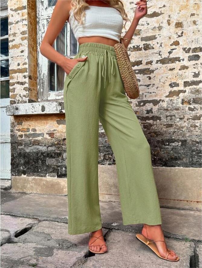 New Casual Pants With Pockets Elastic Drawstring High Waist Loose Trousers For Women - Fashionner