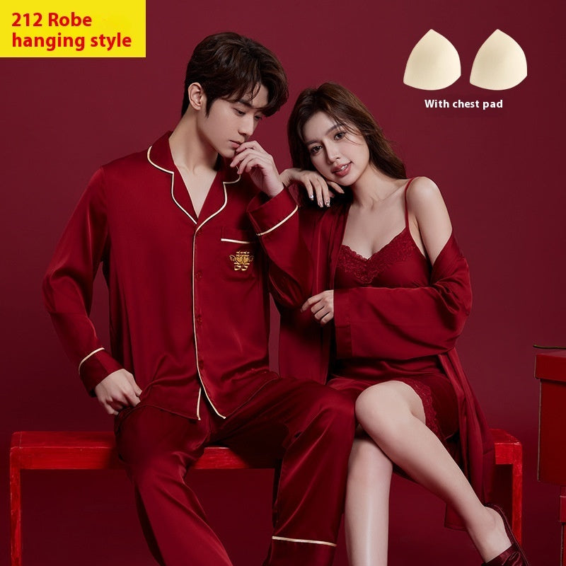 Spring And Autumn Ice Silk Red Festive Men's And Women's Wedding Dowry Suit