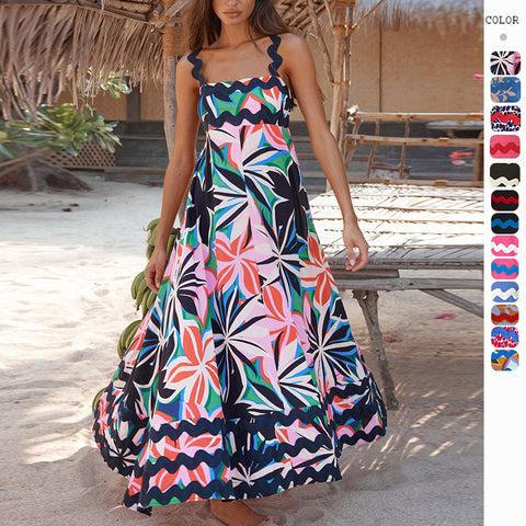 Flowers Print Wavy Pattern Suspender Long Dress For Women Fashion A-Line Beach Dresses Womens Clothing - Fashionner