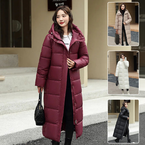 Manteau d'hiver en duvet super long pour femme, doudoune épaisse noire et rouge avec capuche, fermeture éclair, pour rester au chaud en automne et en hiver, tenue décontractée