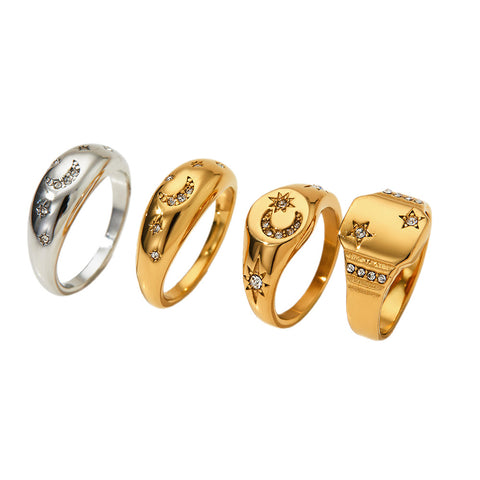 Buy Stainless Steel 18K Gold Star And Moon Ring Jewelry online at Fashionner.