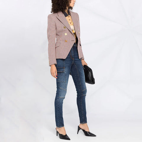 Veste courte pied-de-poule pour femme, blazer croisé à manches longues