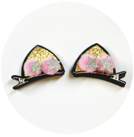Lot de 2 jolies pinces pour filles, fleurs en tissu feutre pailleté arc-en-ciel, épingles à cheveux oreilles de chat lapin, accessoires pour cheveux pour enfants