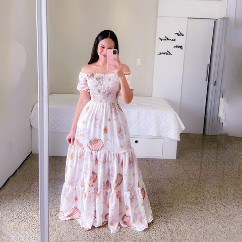 Robe longue florale élégante sans épaules pour femme