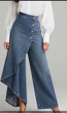Pantalon coupe droite unique Boutons à grands volants pour femme, en faux jean
