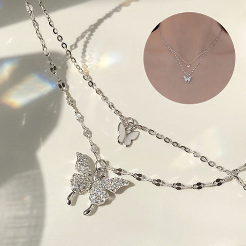 Fashion Jewelry Elegant Silver Color Shiny Butterfly Necklaces Ladies Exquisite Double Layer Clavicle Chain Necklace Jewelry Gift - Fashionner