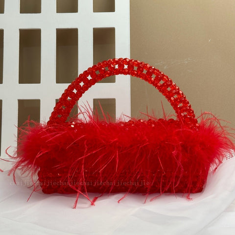 Avec Ostrich Hair Perles Sac Perles Transparent Acrylique Cristal Pierre Boîte Sac à Main Femme Fait à la Main Fête Bourse