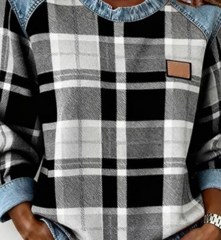 Sweat-shirt en jean patchwork, mode, col rond, pull unique, haut de chemise à manches longues, vêtements pour femmes