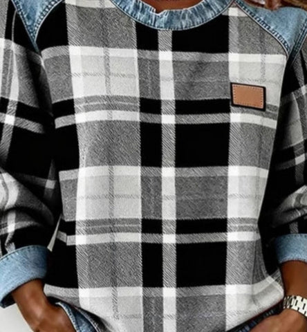 Sweat-shirt en jean patchwork, mode, col rond, pull unique, haut de chemise à manches longues, vêtements pour femmes