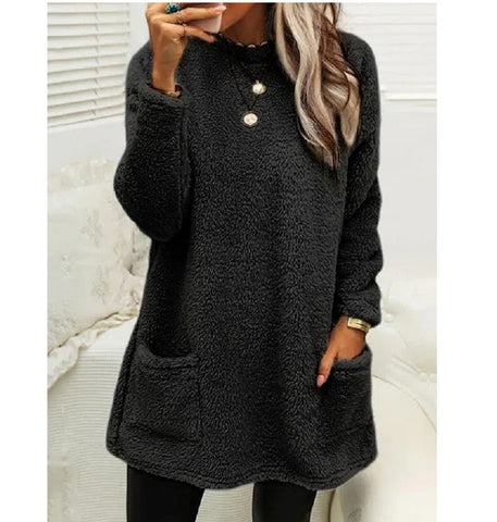 Sweat-shirt pull polaire long pour femmes avec poches Hiver chaud Épaissir Sweatershirt Décontracté Manches longues Peluche Hauts Manteau à capuche Streetwear Tenues amples d'automne Hauts à capuche