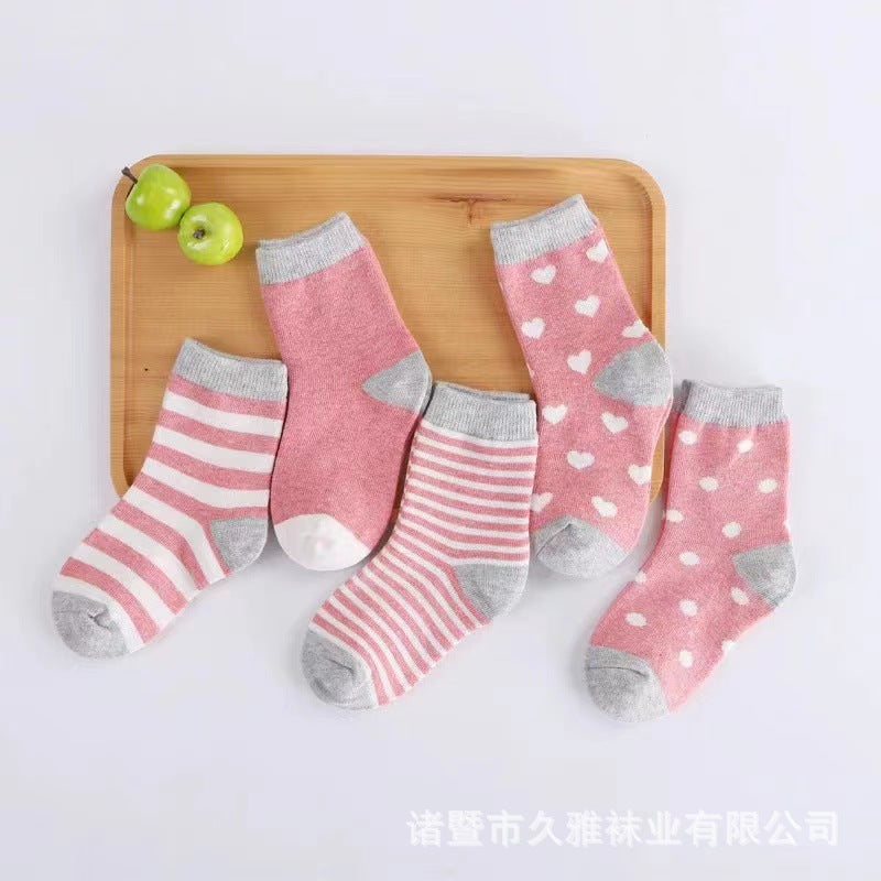 5 Pairs Children's Cotton Mid-calf Length Socks - Fashionner