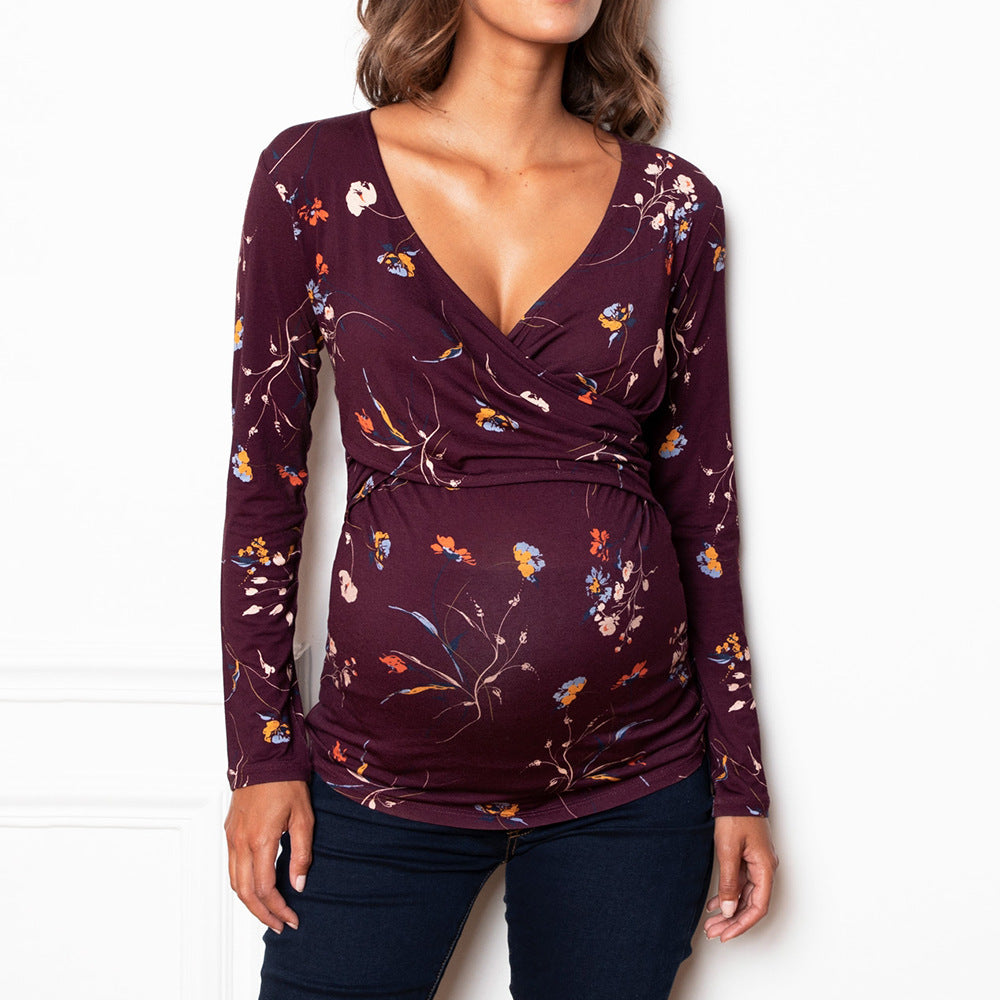 Pregnant Women Deep V-neck Long Sleeve Printed Cross Nursing T-shirt - Fashionner