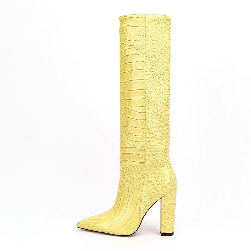 High Leg Boot Chunky Heel European And American Crocodile Pattern - Fashionner