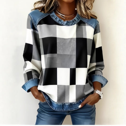 Sweat-shirt en jean patchwork, mode, col rond, pull unique, haut de chemise à manches longues, vêtements pour femmes