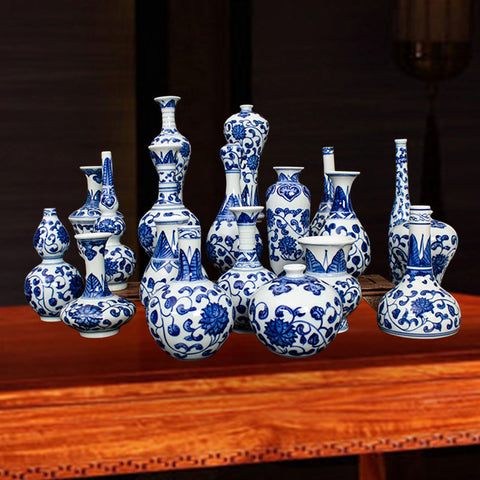 Mini Vase en Céramique de Jingdezhen, Ornement Ancien d'Étagère Hydroponique, Bouteille en Porcelaine Bleue et Blanche Peinte à la Main, Souvenirs