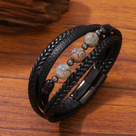 Buy Stainless Steel Three-Eyed Dzi Bead Hand-Woven Men'S Leather Bracelet online at Fashionner.