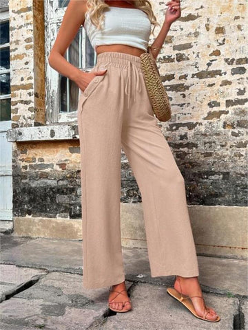 New Casual Pants With Pockets Elastic Drawstring High Waist Loose Trousers For Women - Fashionner