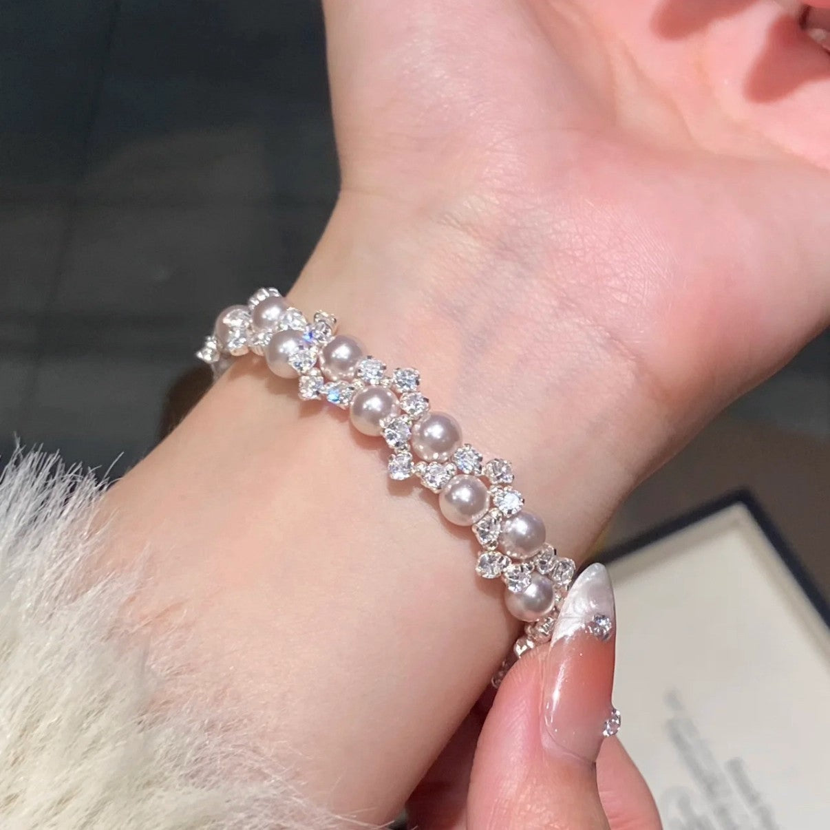Buy Exquisite French-Style Sparkling Diamond And Pearl Bracelet For Women online at Fashionner.