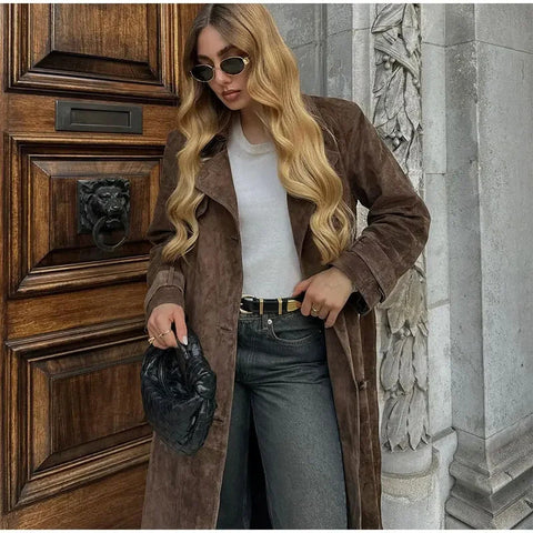 Manteau long à revers croisés avec ceinture, en suède, style vintage, vêtements d'extérieur d'hiver pour femmes