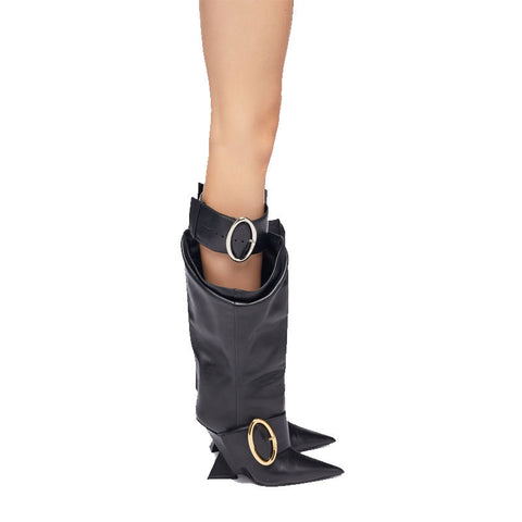 High-profile Wedge Sleeve Pointed Slip-on Strap Large Fastener Boots - Fashionner