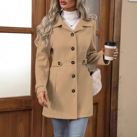 Buy Elegant Single-Breasted Woolen Coat Buttons Lapel Mid-Length Jacket Temperament Commuter Outwear Clothing For Women online at Fashionner.