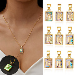 26 Letter Square Necklace Colorful Shell Luminous Pendant Chain Necklace For Women Temperament Ladies Jewelry - Fashionner