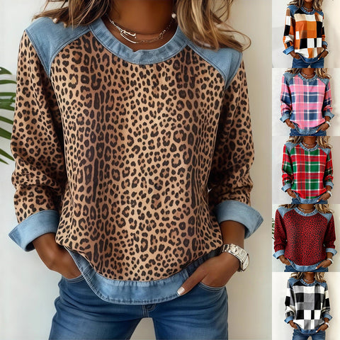 Sweat-shirt en jean patchwork, mode, col rond, pull unique, haut de chemise à manches longues, vêtements pour femmes
