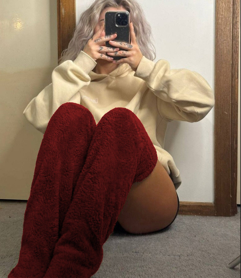 Buy Over Knee High Fuzzy Long Socks Winter Warm Cold Leg Knee Joint Cold-Proof Stockings Home Floor Sleeping Socks online at Fashionner.