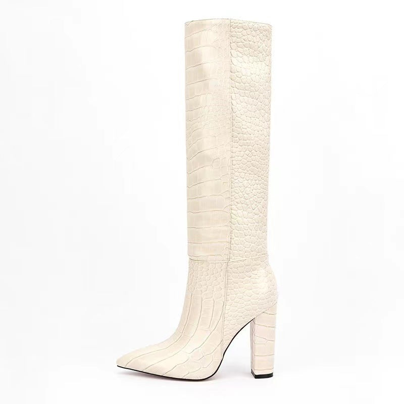 High Leg Boot Chunky Heel European And American Crocodile Pattern - Fashionner