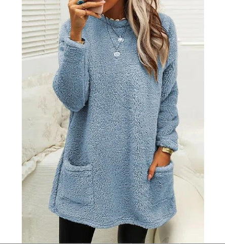 Sweat-shirt pull polaire long pour femmes avec poches Hiver chaud Épaissir Sweatershirt Décontracté Manches longues Peluche Hauts Manteau à capuche Streetwear Tenues amples d'automne Hauts à capuche
