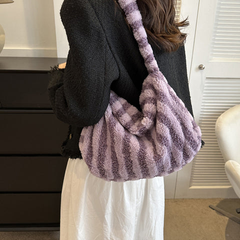 Large-capacity Striped Plush Bag Winter New Fashion Portable Tote Shoulder Bags Shopping Furry Handbags For Women - Fashionner