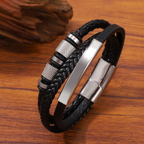 Buy Stainless Steel Multi-Colored Hand-Woven Men'S Leather Bracelet online at Fashionner.