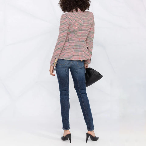Veste courte pied-de-poule pour femme, blazer croisé à manches longues