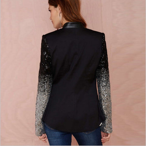 Femmes Veste Mince Manteau Printemps Automne Manches Longues Revers Mode Argent Noir Paillettes Élégant Slim Travail Blazers Costume féminin