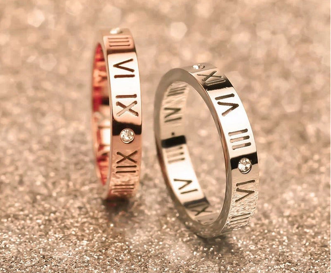 Roman numerals diamond couple ring