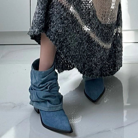 Thickened And Fashionable Pleated Denim Short Boots For Women - Fashionner