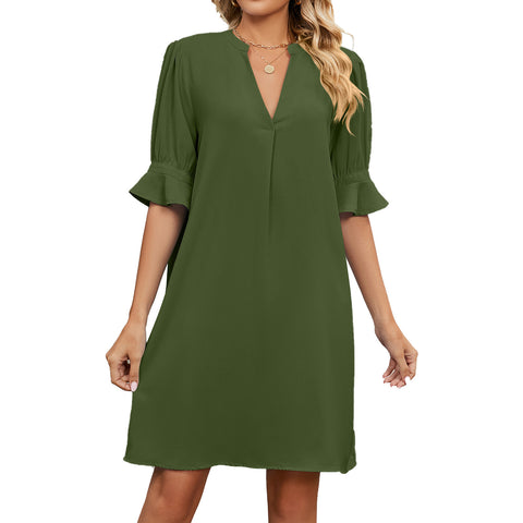 Robe Mi-Longue Plissée à Manches Mi-Longues, Col en V, Couleur Unie, Coupe Ample, Style Européen-Américain pour l'Été