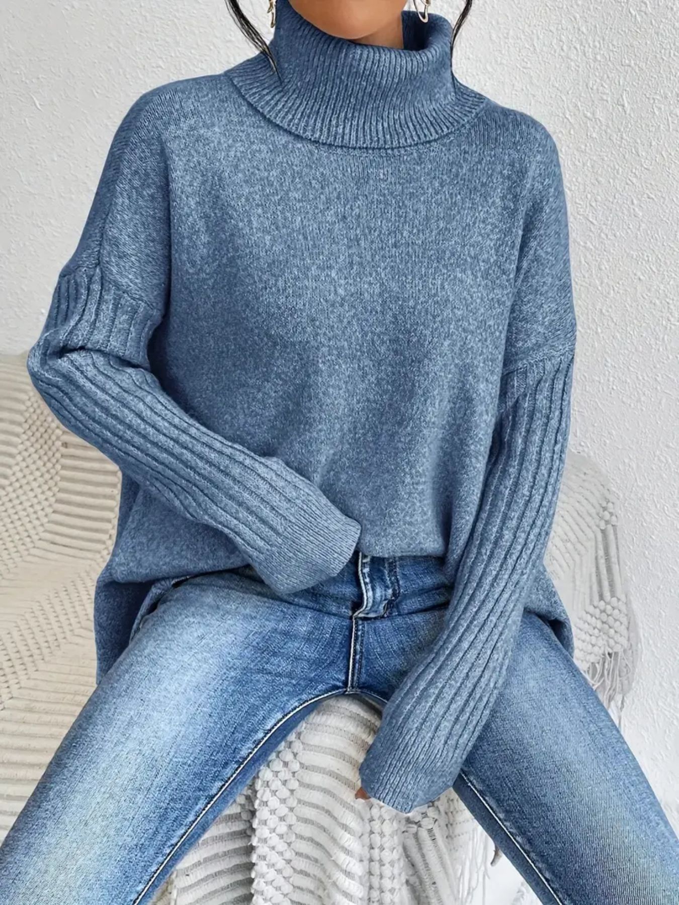 Buy Irregular Turtleneck Sweater Winter Loose Long Sleeve Knitted Tops Leisure Warm Pullover Sweater Women'S Clothing online at Fashionner.