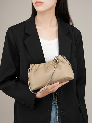 Sac plissé nuage haut de gamme pour femmes de marque populaire, sac pour femmes en cuir de vachette, sac à bandoulière, chaîne à billes dorées