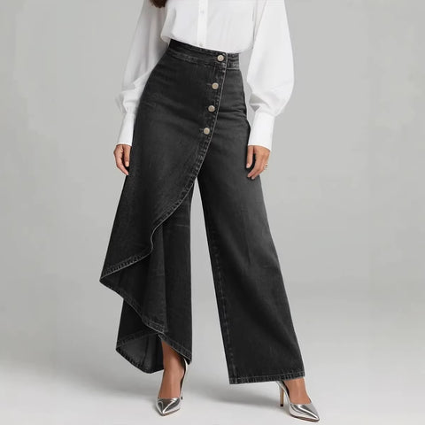 Pantalon coupe droite unique Boutons à grands volants pour femme, en faux jean