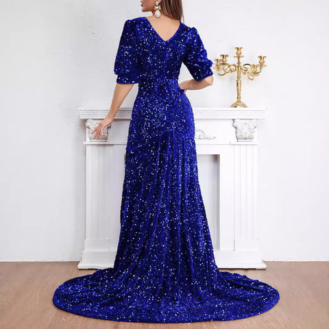 Robe de soirée élégante à manches mi-longues et traîne à sequins